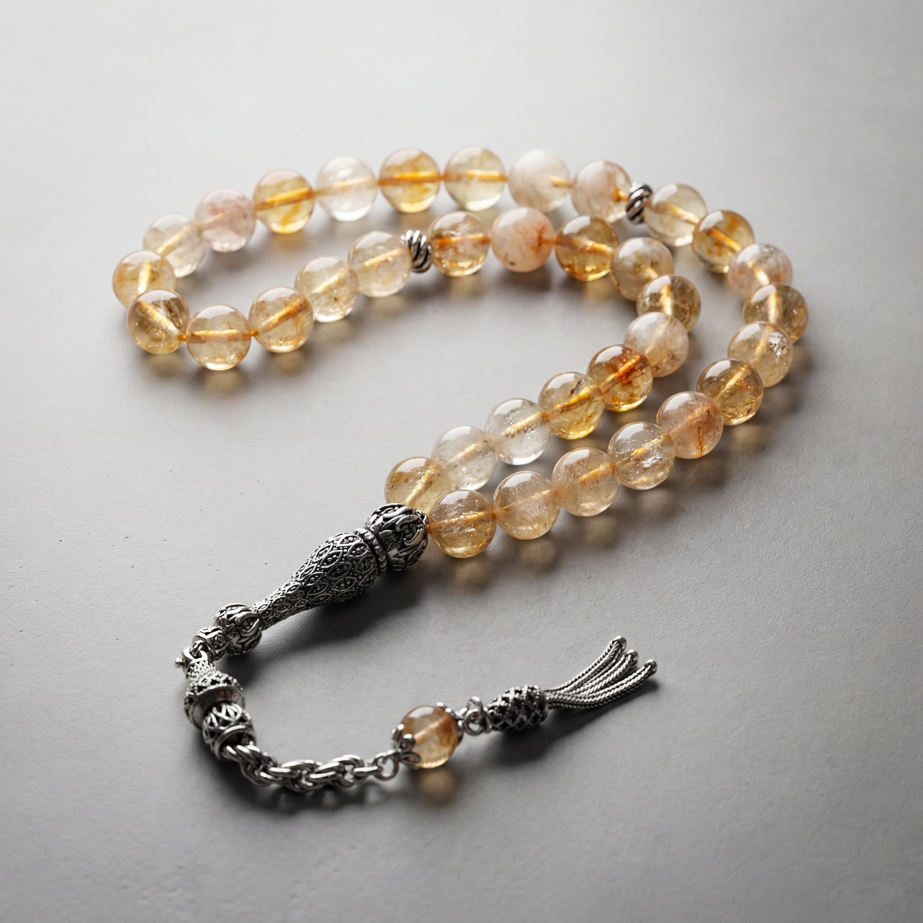 Sitrin Doğal Taş Tesbih – 925 Ayar Gümüş – 8 mm Küre Kesim