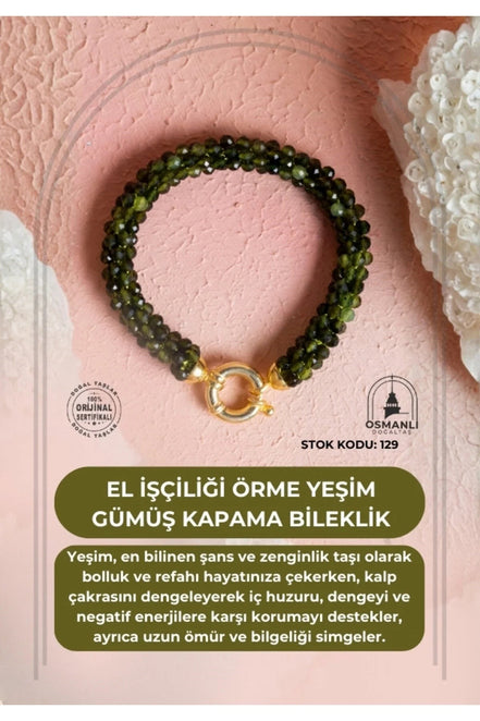 El İşçiliği Örme Yeşim Gümüş Kapama Bileklik (SK:129)