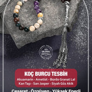 Koç Burcu Tesbih Akuamarin, Ametist, Bordo Granat Lal, Kan Taşı, Sarı Jasper, Siyah Göz Akik