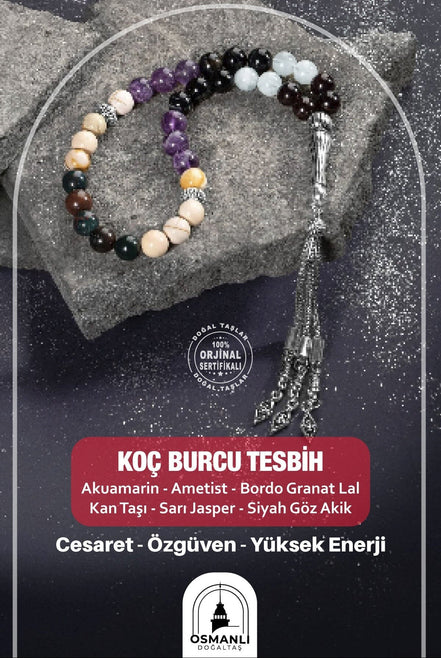 Koç Burcu Tesbih Akuamarin, Ametist, Bordo Granat Lal, Kan Taşı, Sarı Jasper, Siyah Göz Akik