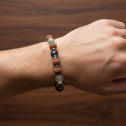 Rutilli Kuvars, Rudraksha ve Hematit Doğal Taş Bileklik – Unisex Şık Tasarım