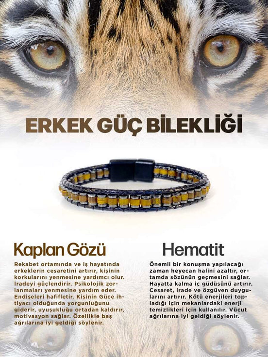 Erkek Güç Bilekliği Doğal Taş Kaplan Gözü - Hematit Hakiki orijinal Bileklik