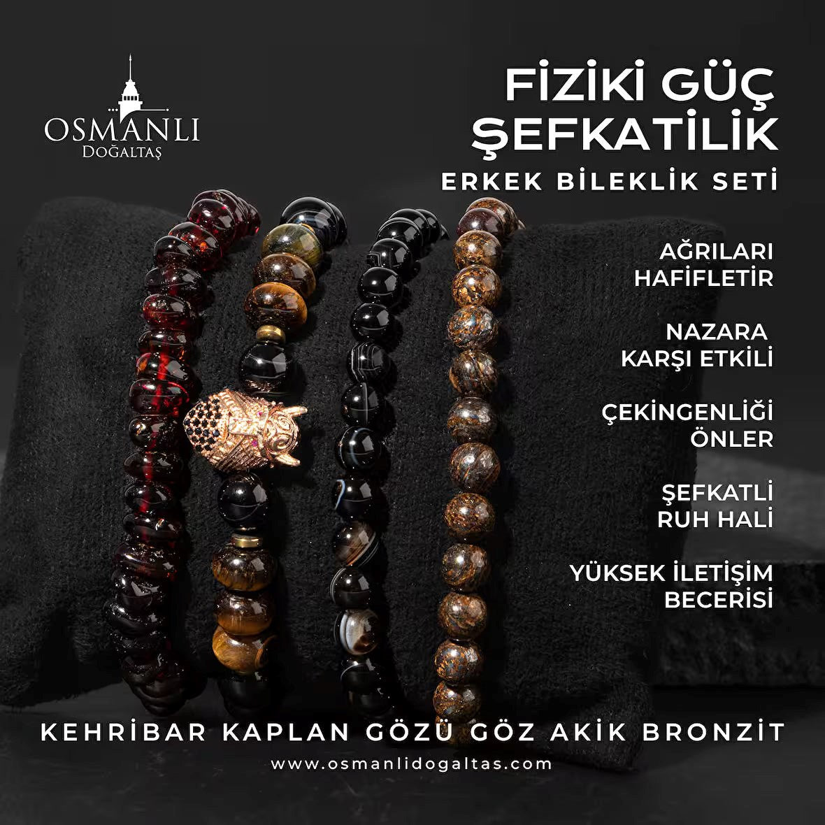 Fiziki Güç Şefkat Doğal Taş Erkek Bileklik Seti