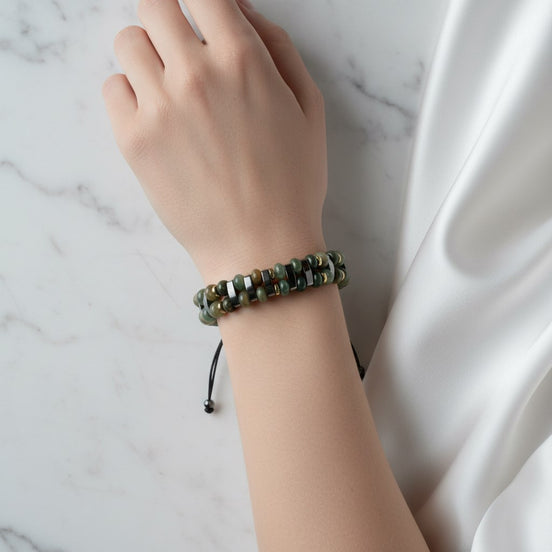 Hint Akiği ve Hematit Doğal Taş Bileklik – Unisex Şık Tasarım