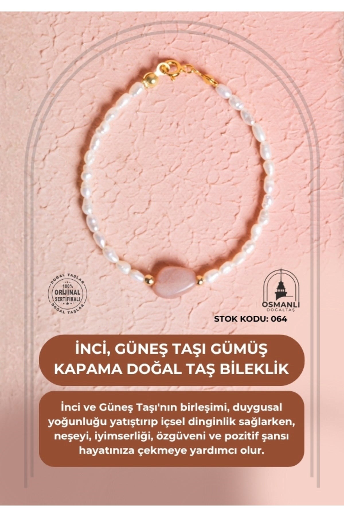 İnci, Güneş Taşı Gümüş Kapama Doğal Taş Bileklik (SK:064)
