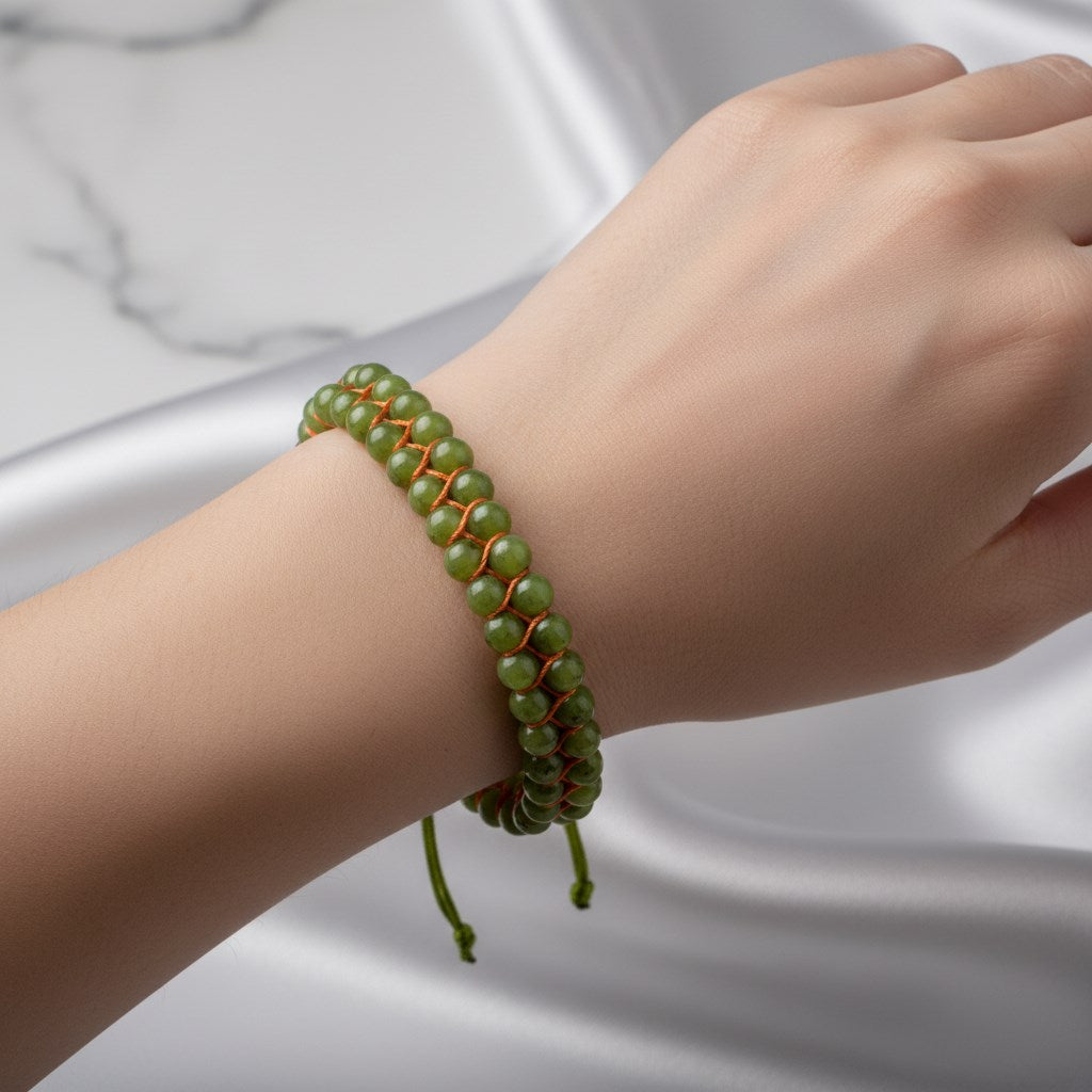 Yeşim 4 mm Çift Sıra Doğal Taş Makrome Bileklik – Unisex El İşçiliği