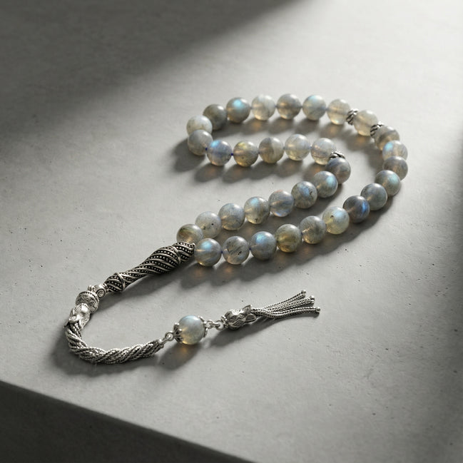 Labradorit Doğal Taş Tesbih – 925 Ayar Gümüş – 8 mm Küre Kesim
