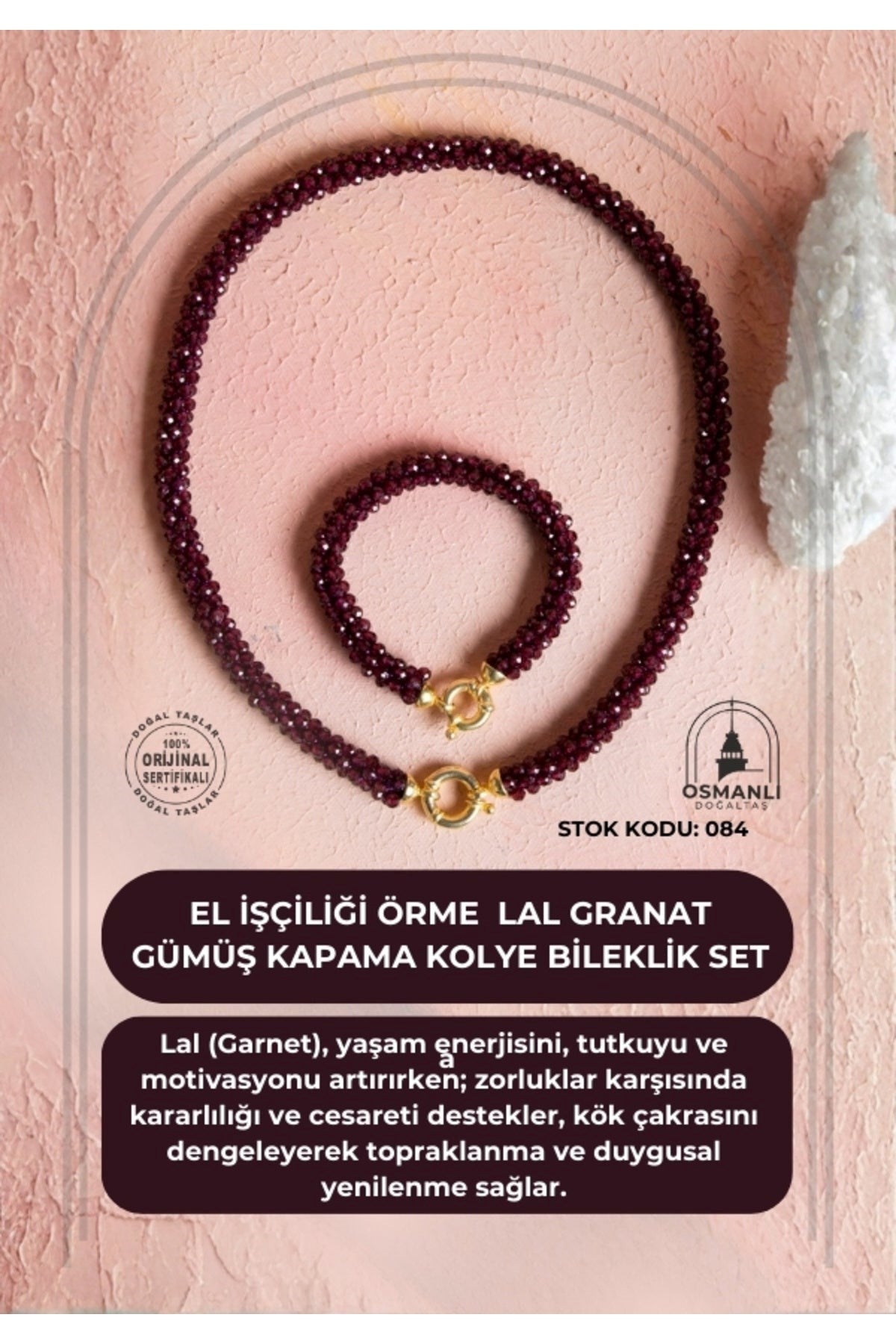 El İşçiliği Örme Lal (Granat) Gümüş Kapama Kolye & Bileklik Seti (SK:084)
