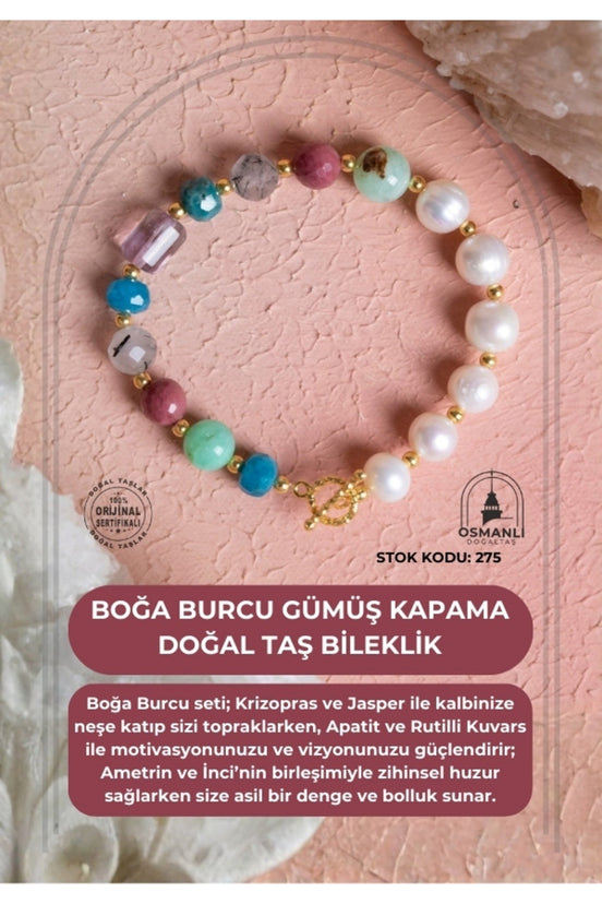 Boğa Burcu Gümüş Kapama Doğal Taş Bileklik (SK:275)