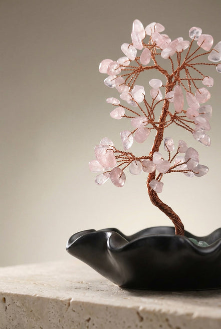 Pembe Kuvars Doğal Taş Ağaçlı Tütsülük – 10 × 13 cm | 322 gr