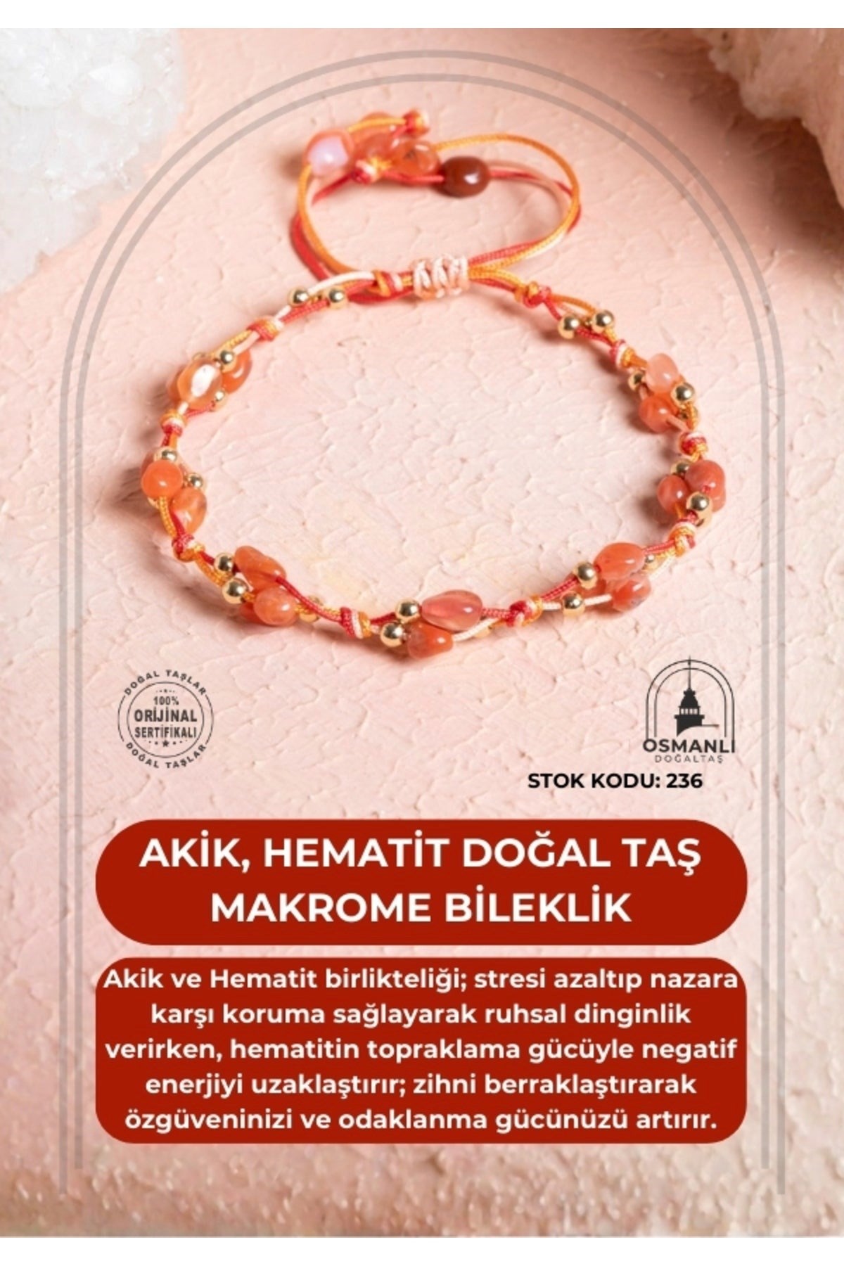 Sertifikalı Akik, Hematit Doğal Taş Makrome Bileklik (SK:236)