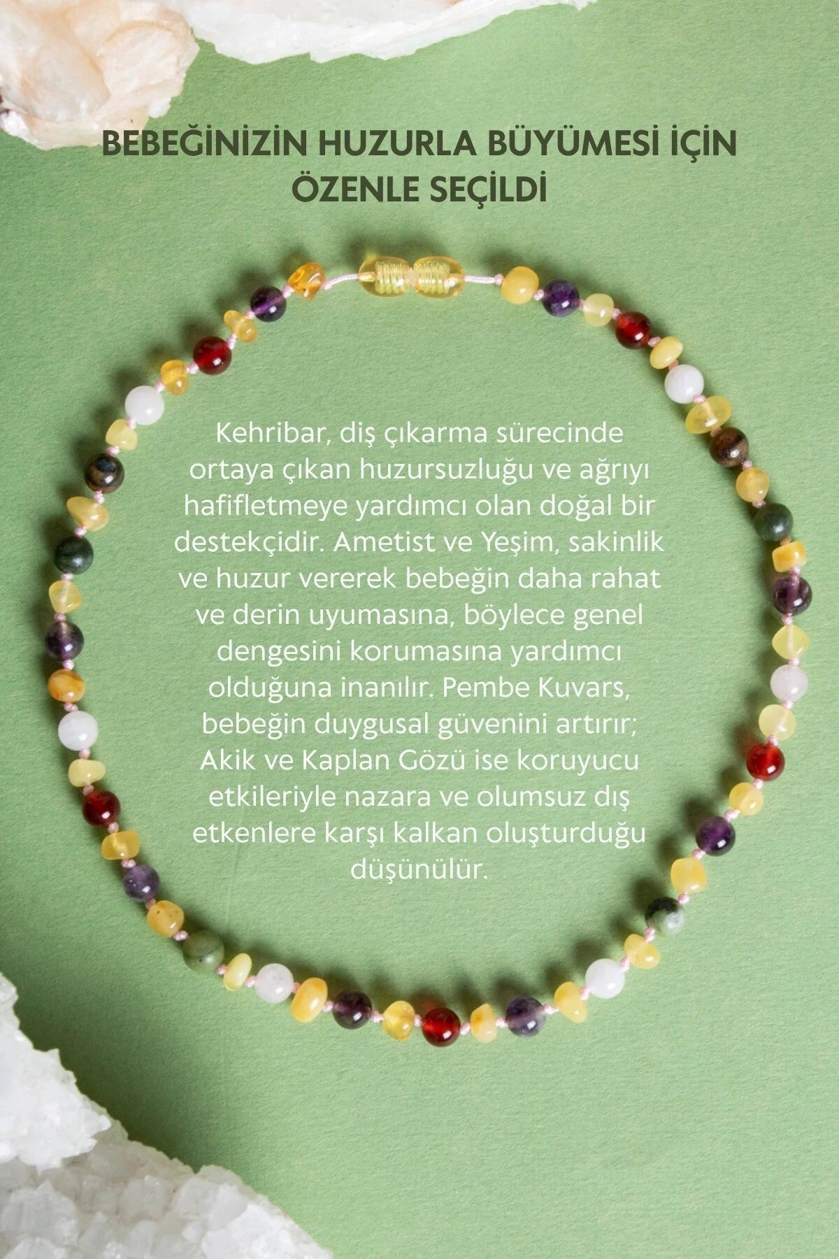 Doğal Taş Bebek Kolye - Kehribar, Yeşim, Kaplan Gözü, Ametist, Pembe Kuvars, Akik