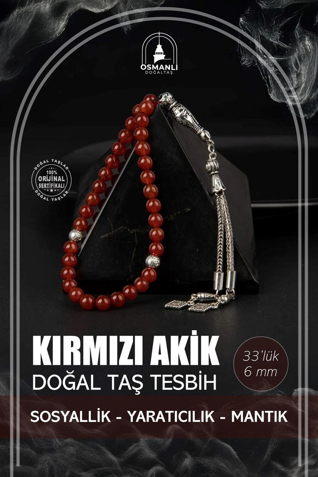 Kırmızı Akik Doğal Taş Tesbih 33lük - 6mm