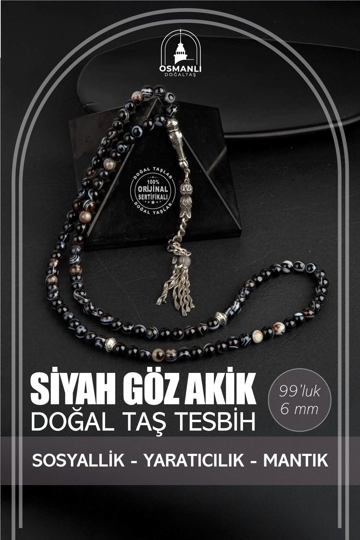 Siyah Göz Akik Doğal Taş Tesbih 99luk - 6mm