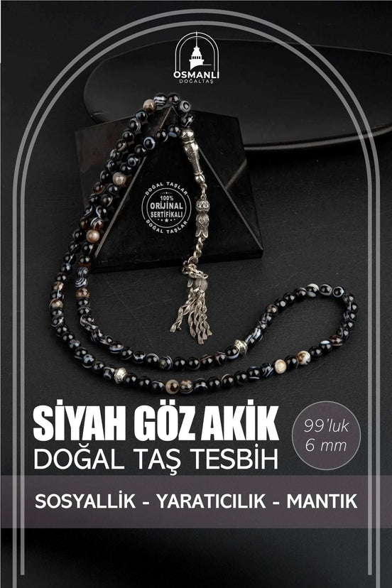 Siyah Göz Akik Doğal Taş Tesbih 99luk - 6mm