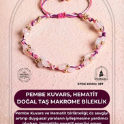 Sertifikalı Pembe Kuvars, Hematit Doğal Taş Makrome Bileklik (SK:237)