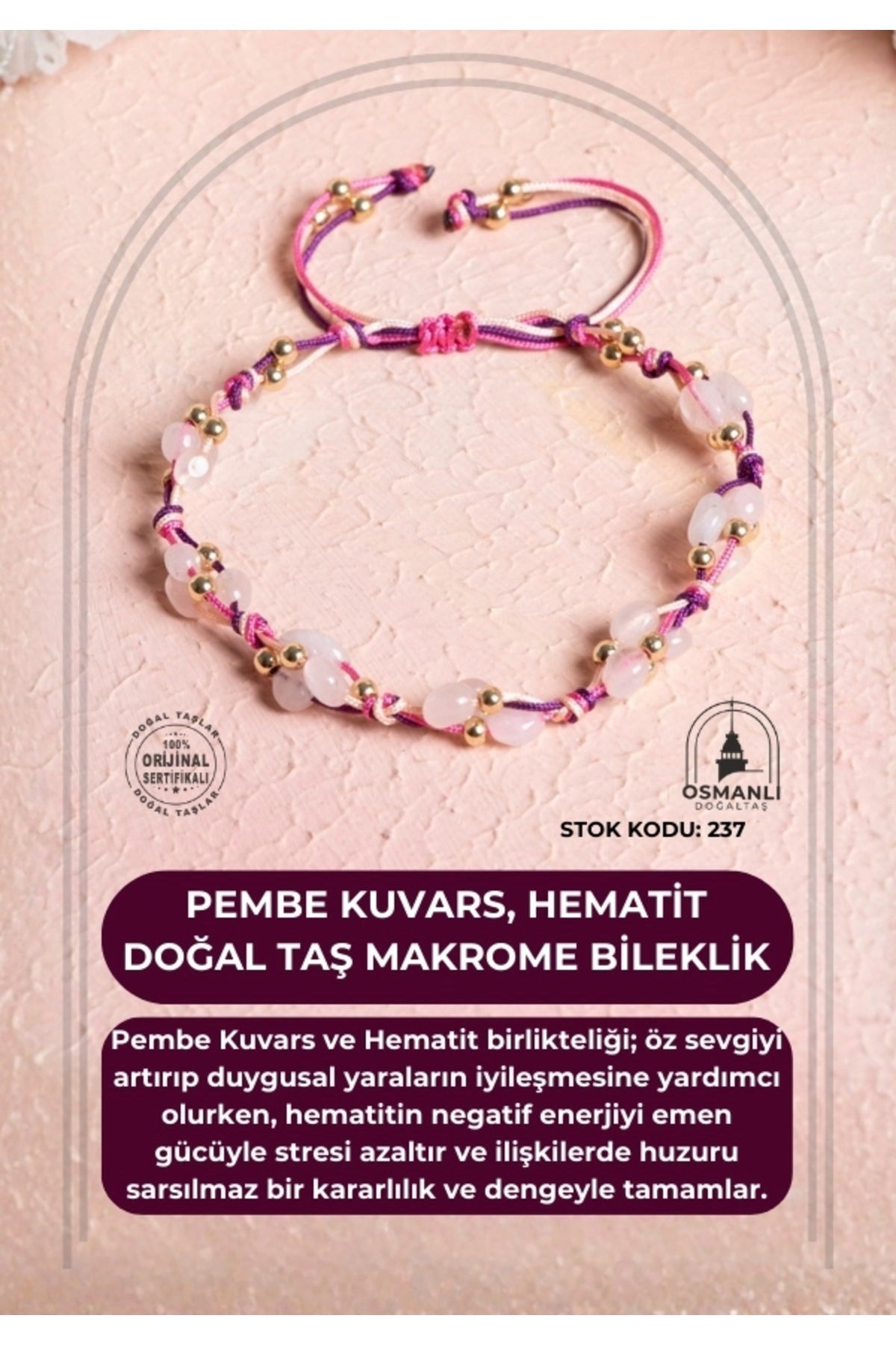 Sertifikalı Pembe Kuvars, Hematit Doğal Taş Makrome Bileklik (SK:237)