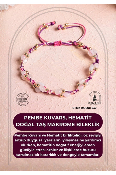 Sertifikalı Pembe Kuvars, Hematit Doğal Taş Makrome Bileklik (SK:237)