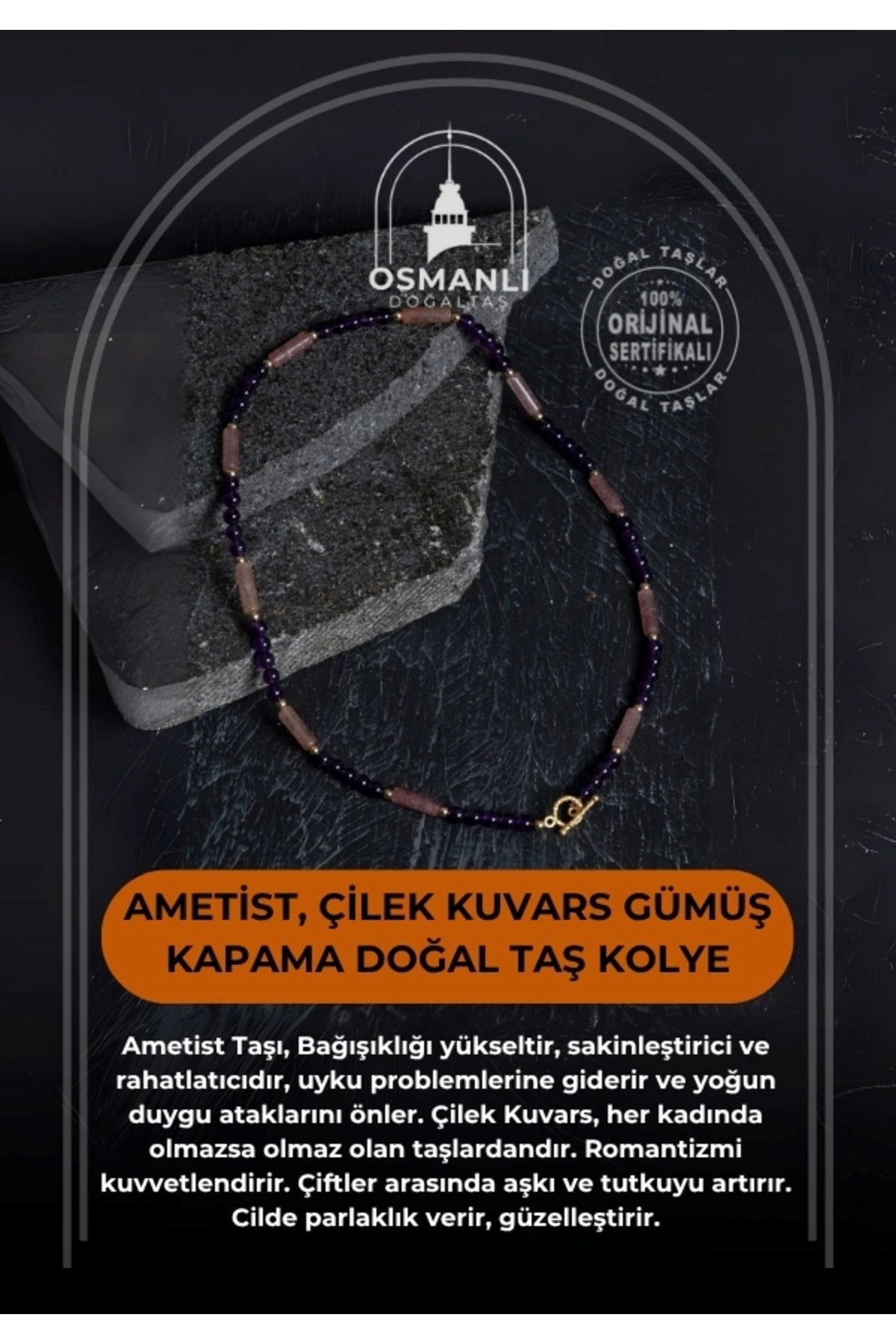 Sertifikalı Ametist, Çilek Kuvars Gümüş Kapama Doğal Taş Kolye