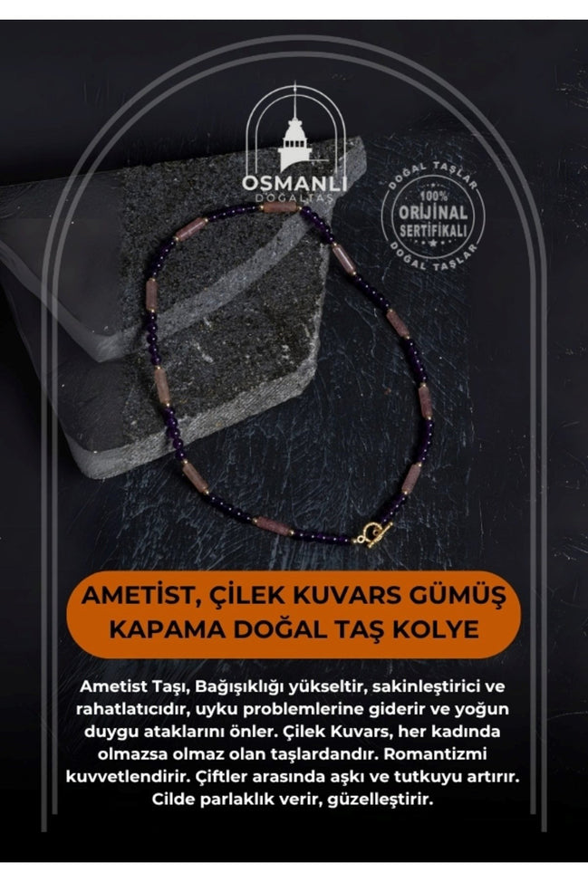 Sertifikalı Ametist, Çilek Kuvars Gümüş Kapama Doğal Taş Kolye