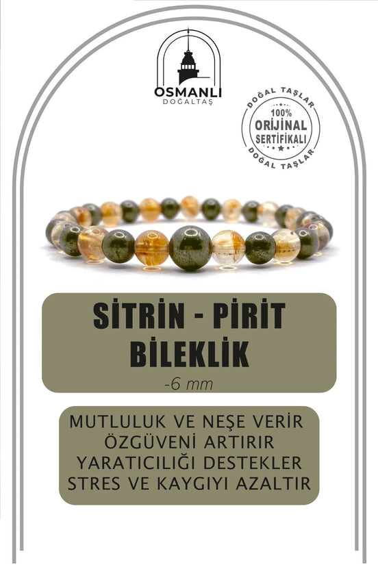 Orijinal Hakiki 6mm Sitrin - Pirit Doğal Taş Misinalı Bileklik