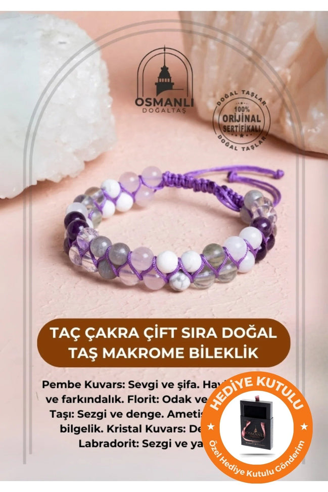 Sertifikalı Taç Çakra Çift Sıra Doğal Taş Makrome Bileklik