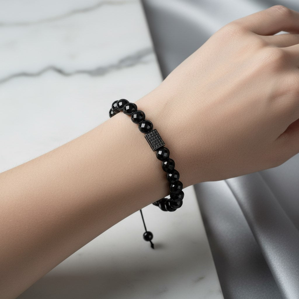 Siyah Göz Akik ve Zirkon Doğal Taş Bileklik – Unisex Şık Tasarım