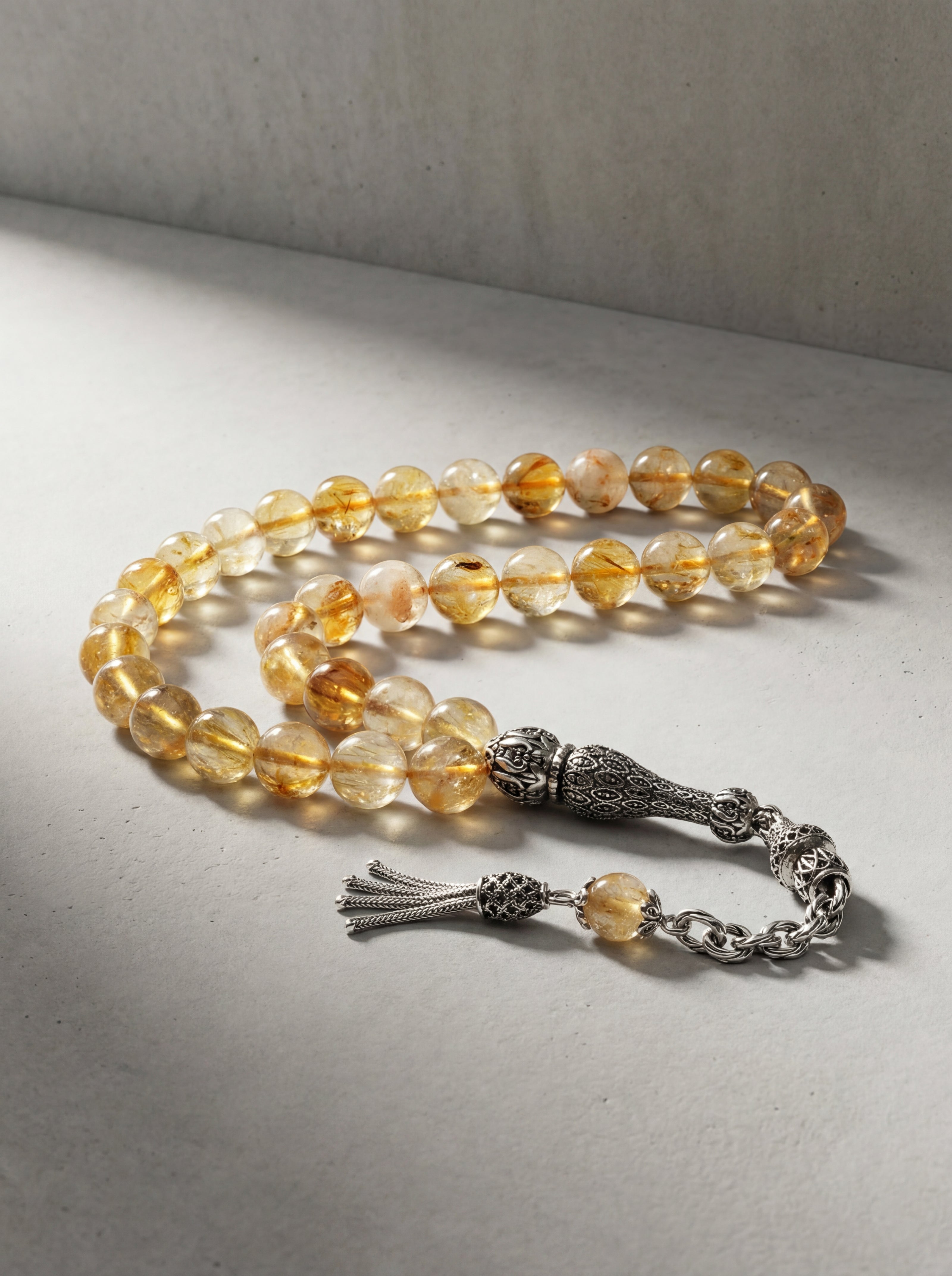 Sitrin Doğal Taş Tesbih – 925 Ayar Gümüş – 8 mm Küre Kesim