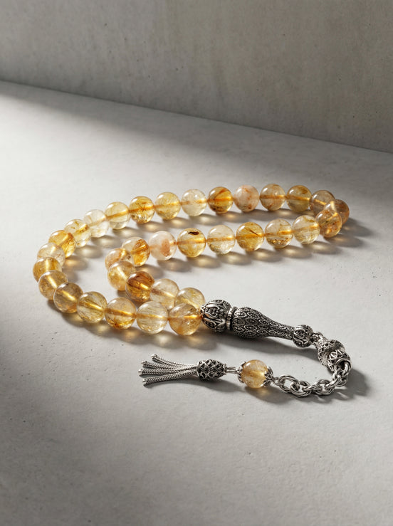 Sitrin Doğal Taş Tesbih – 925 Ayar Gümüş – 8 mm Küre Kesim