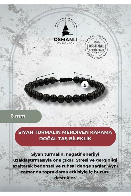 Siyah Turmalin 6mm Merdiven Kapama Doğal Taş Bileklik