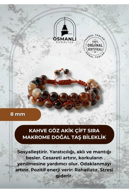 Kahve Göz Akik 8mm Çift Sıra Makrome Doğal Taş Bileklik