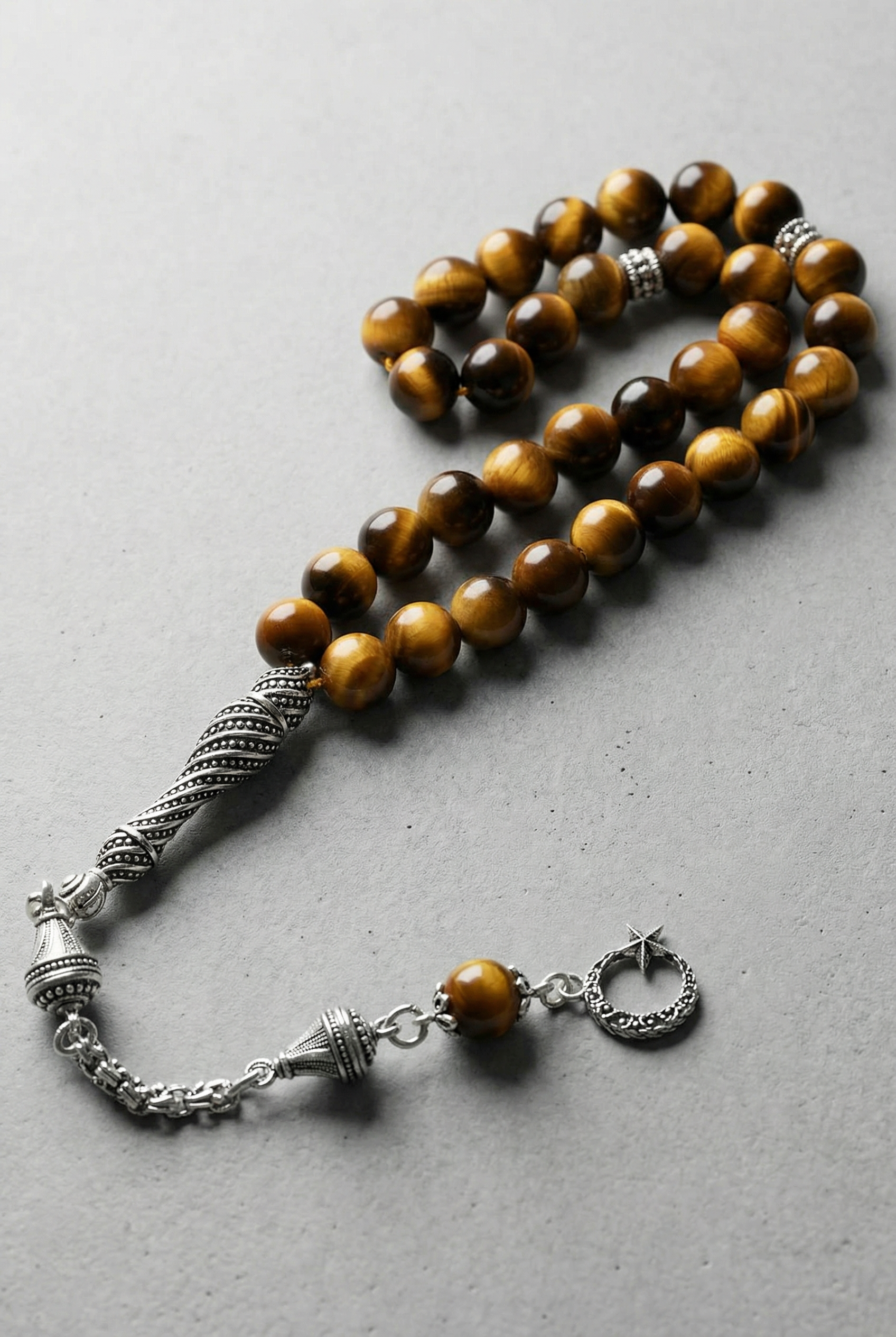 Kaplan Gözü Doğal Taş Tesbih – 925 Ayar Gümüş – 8 mm Küre Kesim