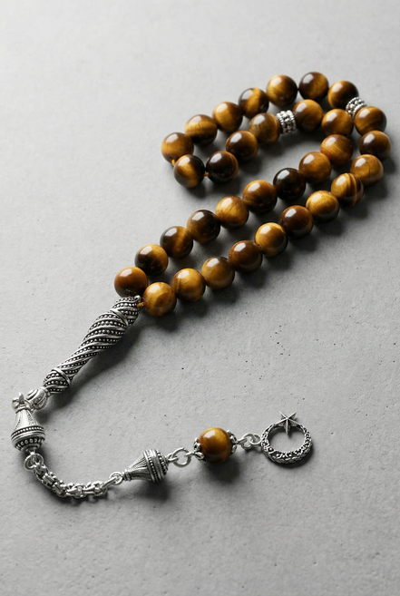 Kaplan Gözü Doğal Taş Tesbih – 925 Ayar Gümüş – 8 mm Küre Kesim