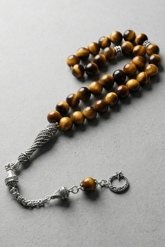 Kaplan Gözü Doğal Taş Tesbih – 925 Ayar Gümüş – 8 mm Küre Kesim