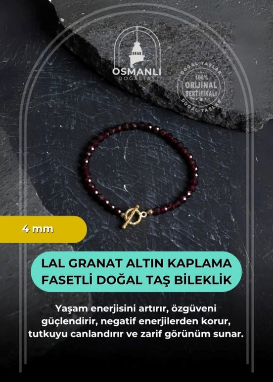 Lal Granat Altın Kaplama Fasetli  Doğal Taş Bileklik