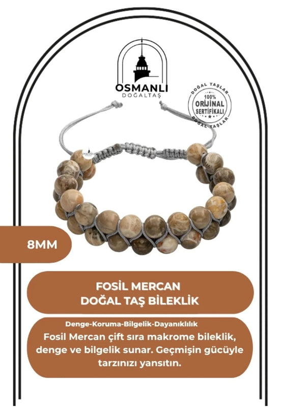 Fosil Mercan 8mm Çift Sıra Makrome Doğal Taş Bileklik