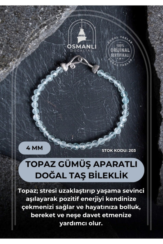 Sertifikalı Topaz Gümüş Aparatlı Doğal Taş Bileklik 4 mm (SK:203)
