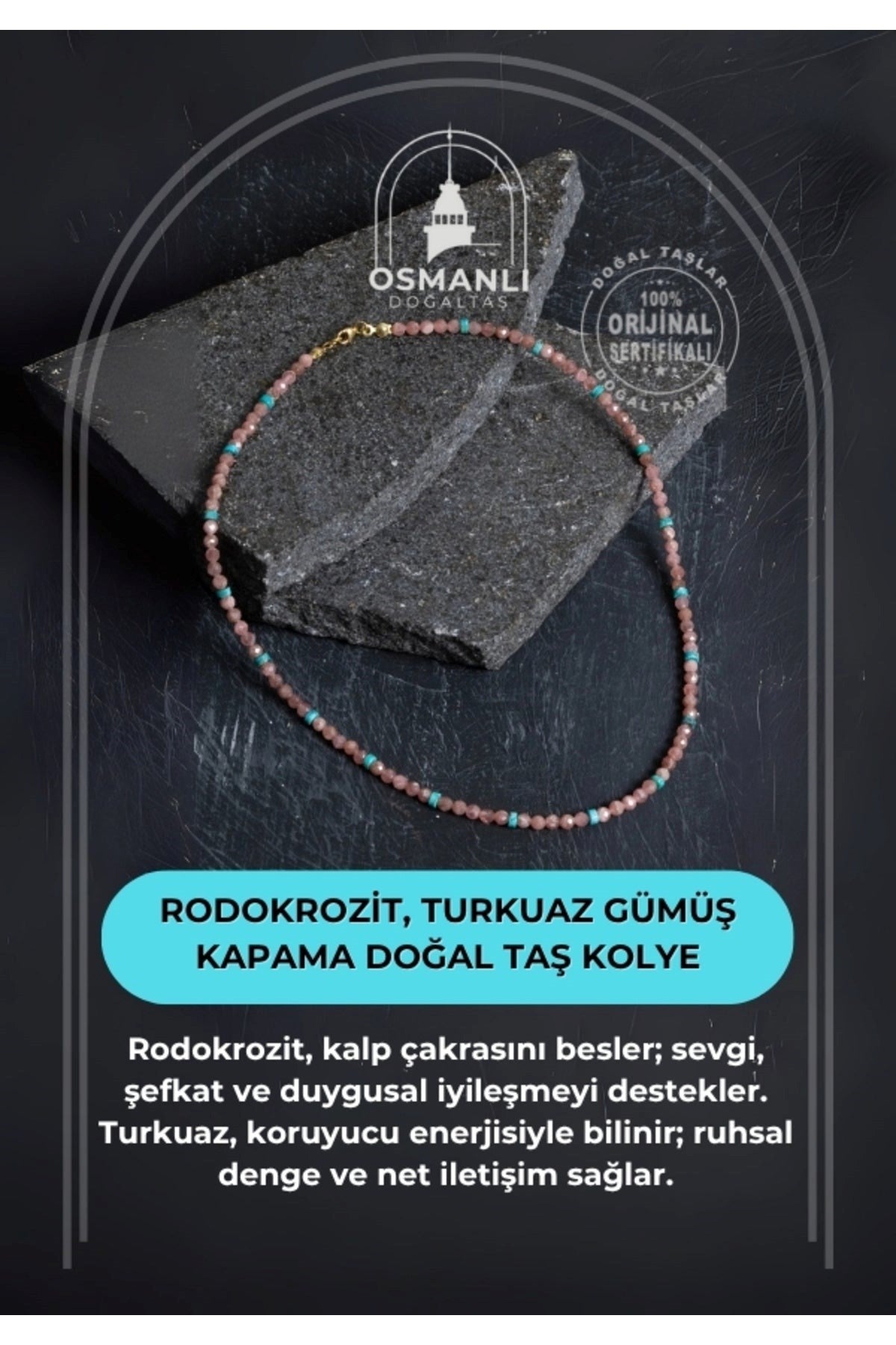 Sertifikalı Rodokrozit, Turkuaz Gümüş Kapama Doğal Taş Kolye