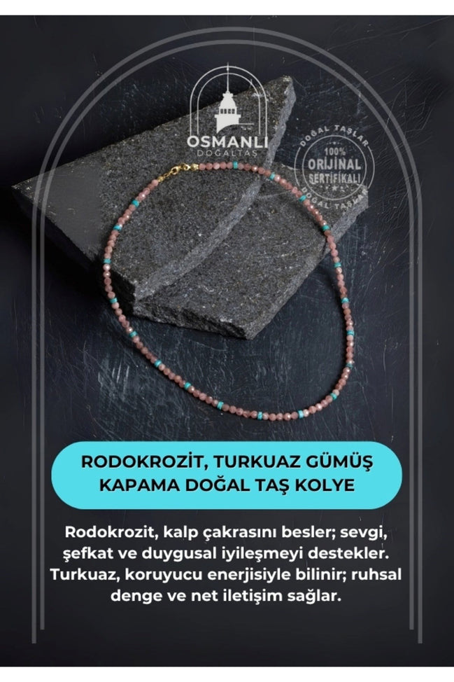 Sertifikalı Rodokrozit, Turkuaz Gümüş Kapama Doğal Taş Kolye
