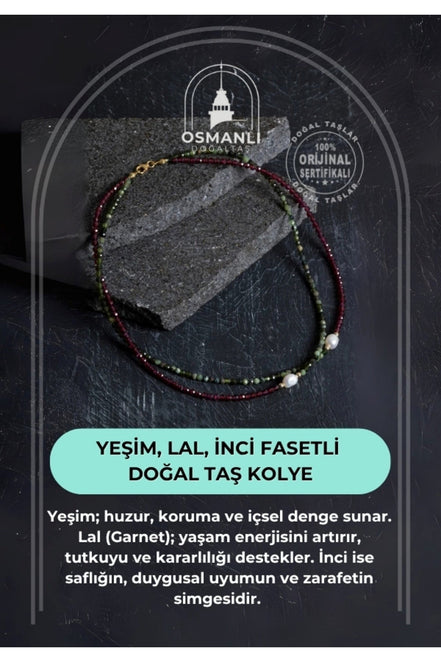 Yeşim, Lal, İnci Fasetli Doğal Taş Kolye