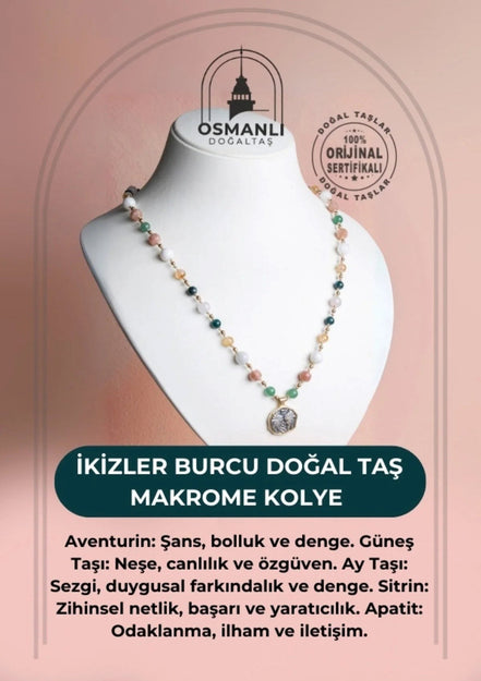 İkizler Burcu Doğal Taş Makrome Kolye