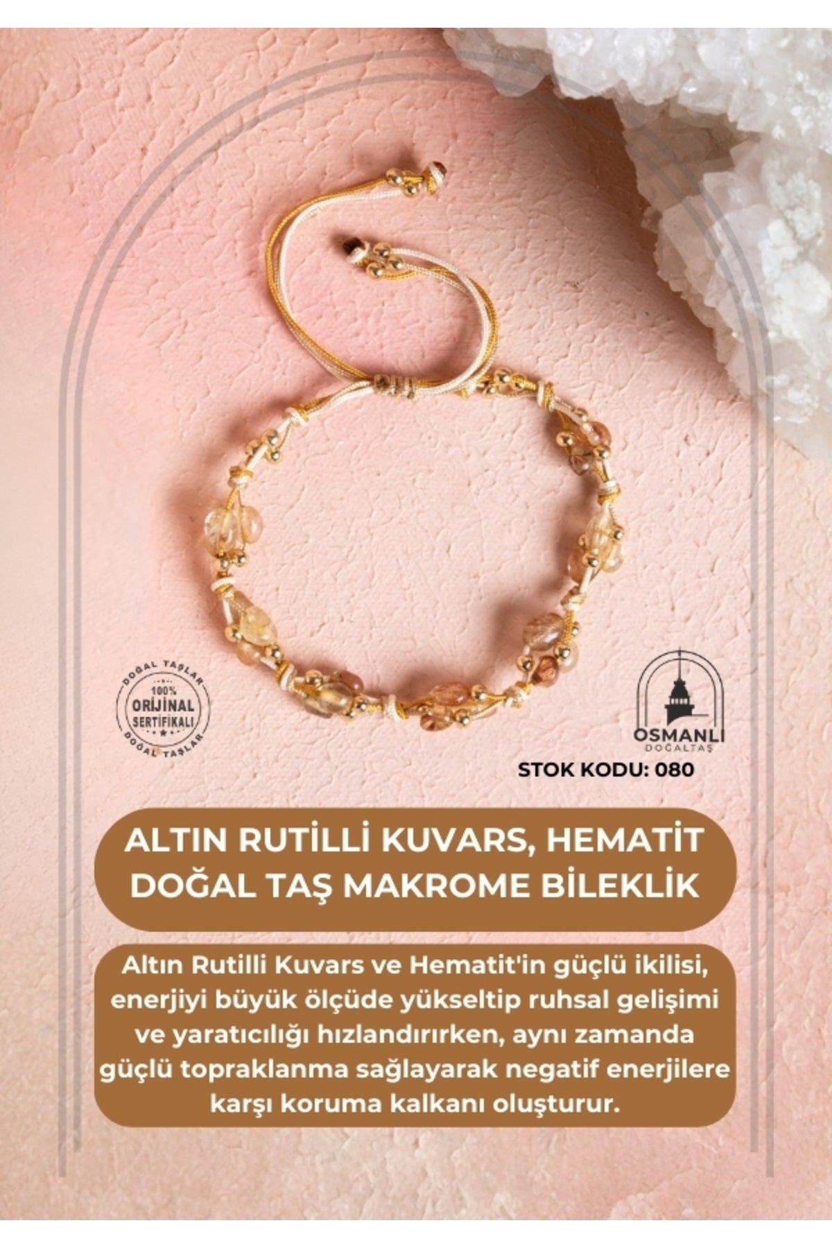 Sertifikalı Altın Rutilli Kuvars, Hematit Doğal Taş Makrome Bileklik (SK:080)
