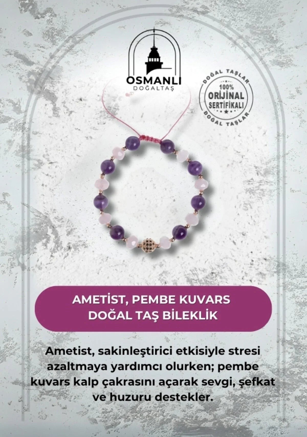 Ametist ve Pembe Kuvars Doğaltaş Bileklik