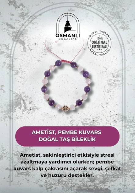 Ametist ve Pembe Kuvars Doğaltaş Bileklik