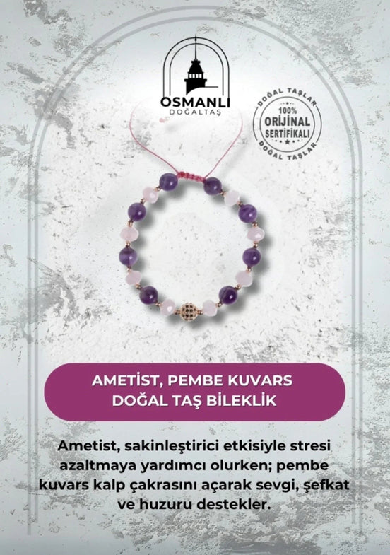 Ametist ve Pembe Kuvars Doğaltaş Bileklik