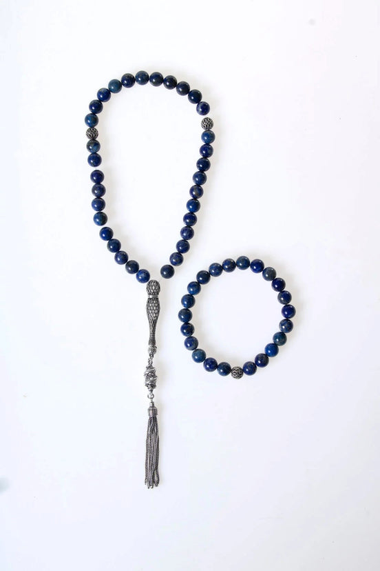 Sertifikalı Lapis Lazuli 925 Ayar Gümüş 8 mm İmameli Tesbih & Bileklik Seti