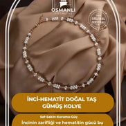 İnci-Hematit Doğal Taş Gümüş Kolye