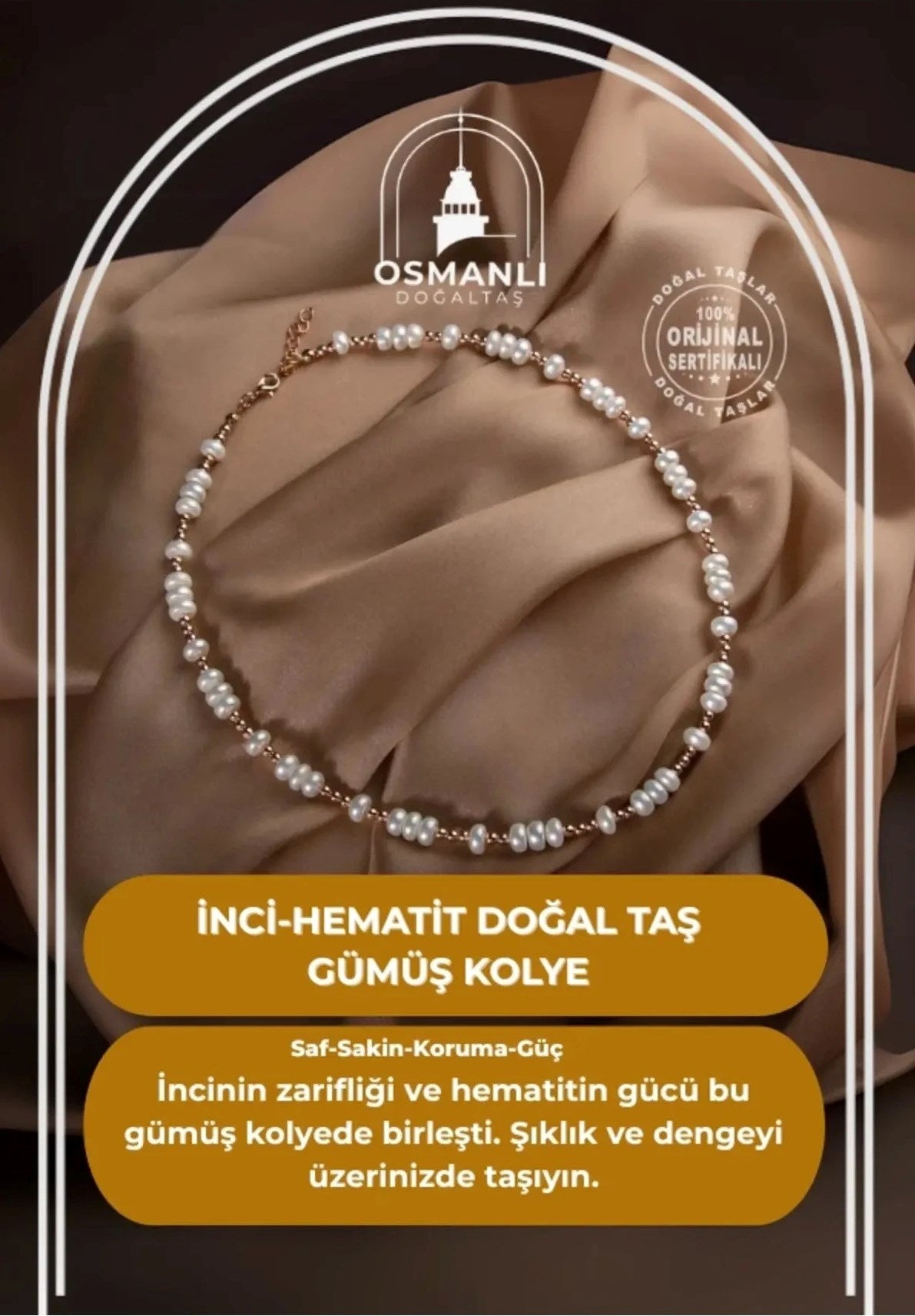 İnci-Hematit Doğal Taş Gümüş Kolye