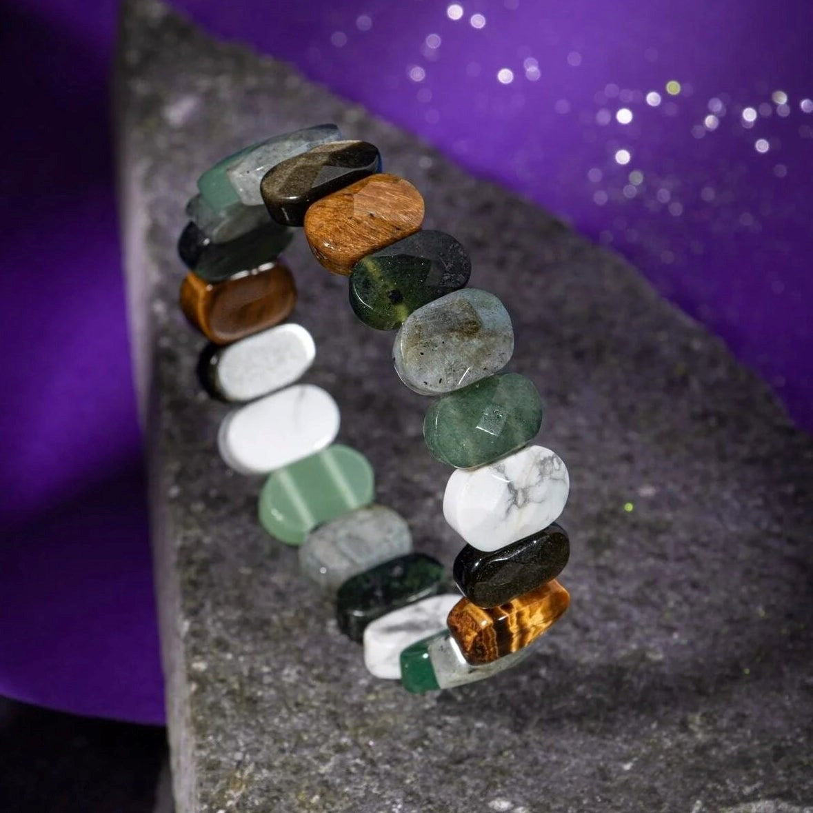 Yengeç Burcu Bileklik Golden Obsidyen, Havlit, Kaplan Gözü, Labradorit, Yeşil Aventurin, Yeşim