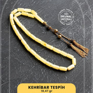 5-10 mm Silindir Kesim Gold Eskitme Kaplamalı Gümüş İmame ve Püsküllü Kehribar Tesbih - 18,47 gr